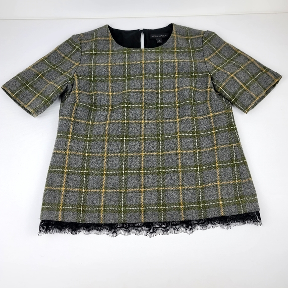 Banana Republic Wool Blend Green Plaid top short sleeve size small - Picture 2 of 12